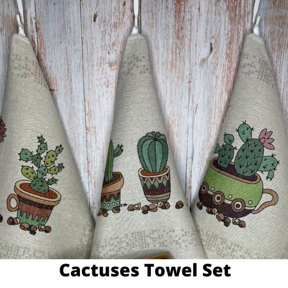 Kitchen Towels Linen Set with Loop Cactus Decor Tea Towels(23x18" each) - Picture 2 of 10